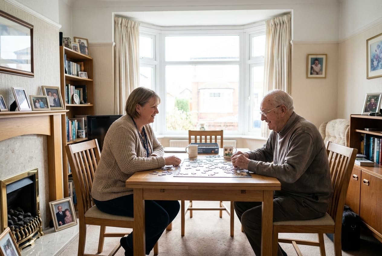Carer and older man playing a board game together at a dining table