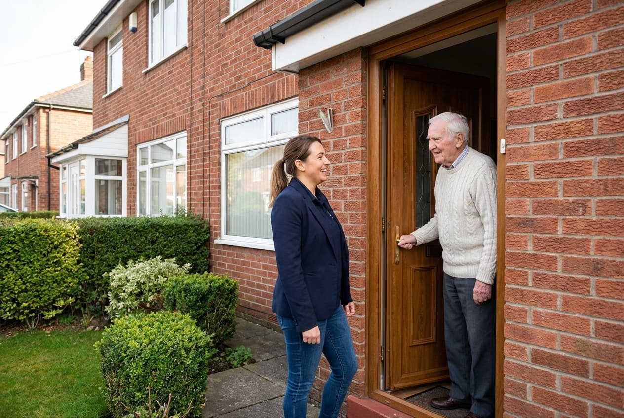Carer arriving at the front door of a client's home, both smiling warmly