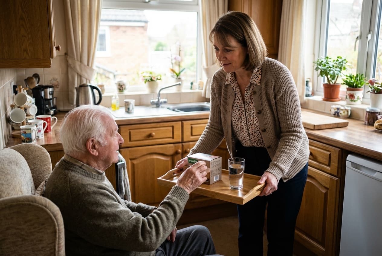 Carer presenting a medication tray to an older man seated in a kitchen chair