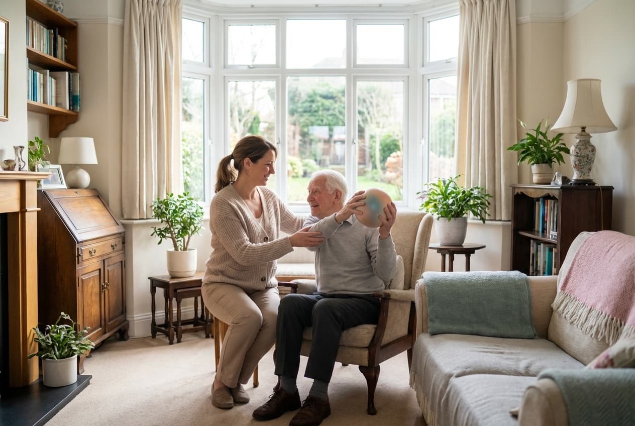 Carer assisting an older man with shoulder rehabilitation exercises in a living room