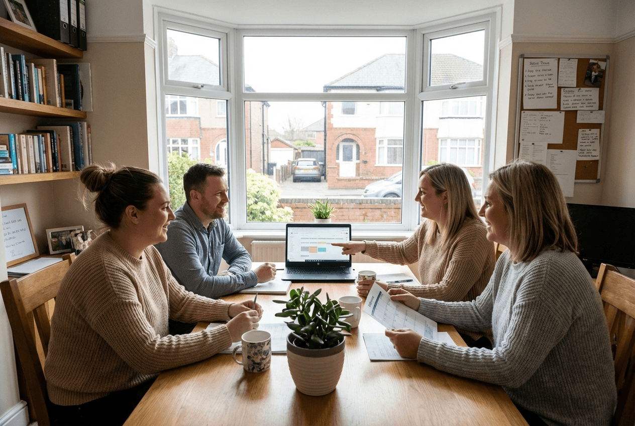 Four care team members seated around a table planning care schedules together