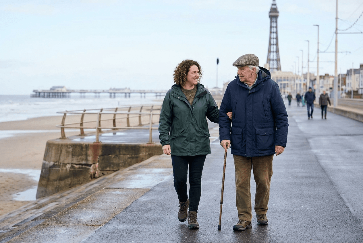 Carer and client walking on Blackpool Promenade with Blackpool Tower visible