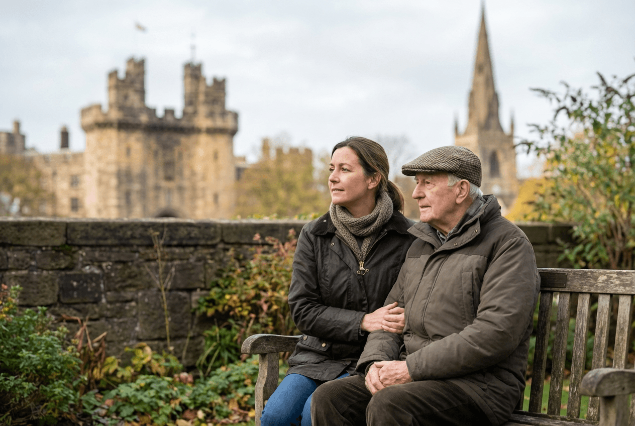 Carer and older man sitting on a bench with Lancaster Castle in the background