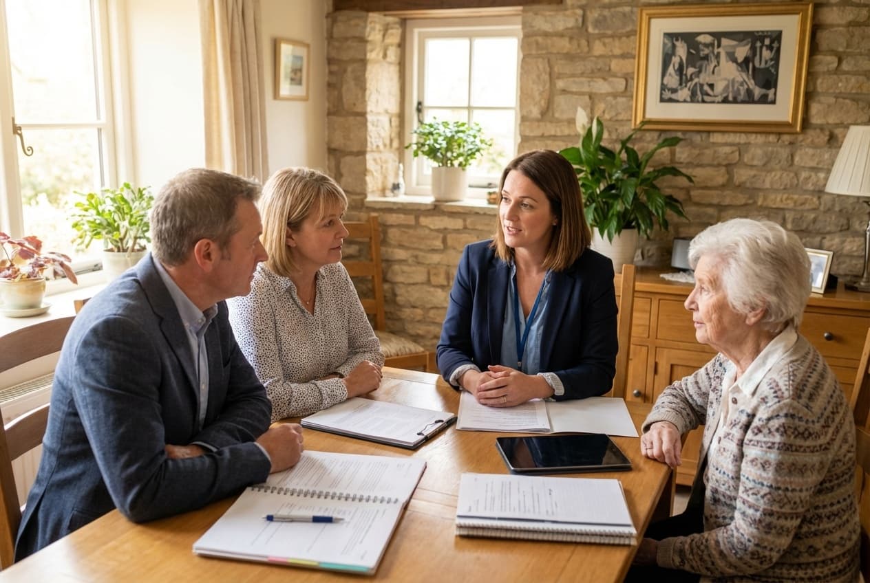 Care coordinator, family members and client reviewing a care plan around a table