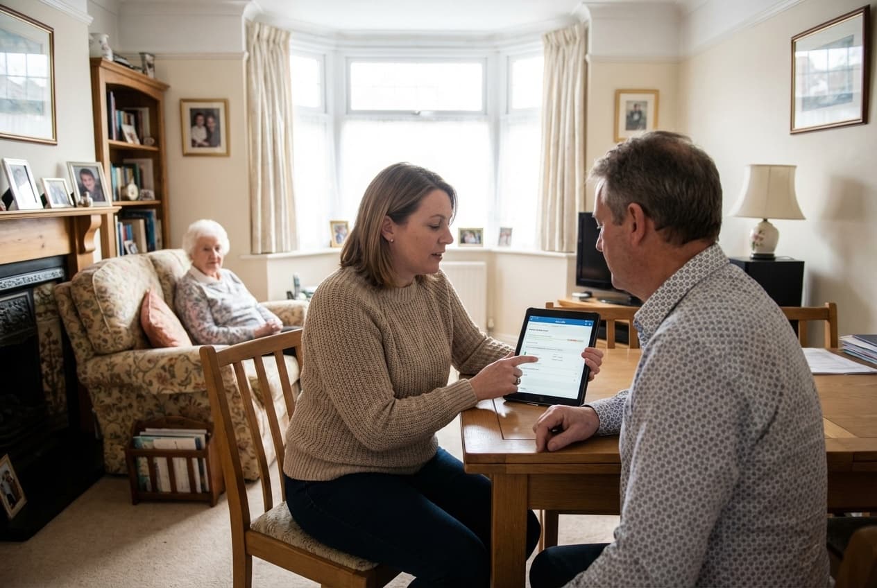 Care coordinator reviewing a care plan on tablet with family members