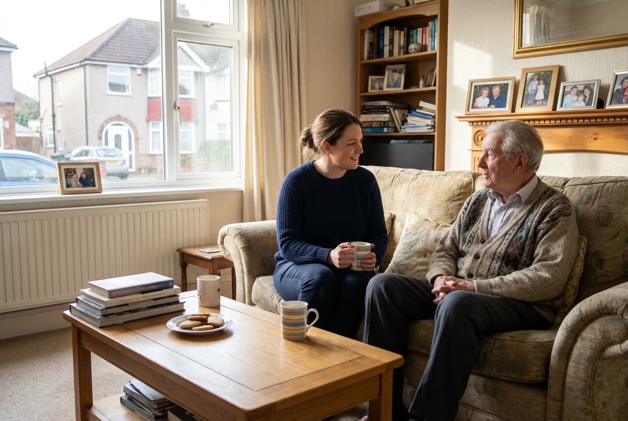 Carer and older man having tea together in a warm home living room