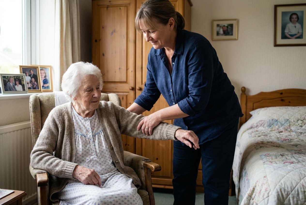 Carer gently helping an older woman rise from a chair in a home bedroom