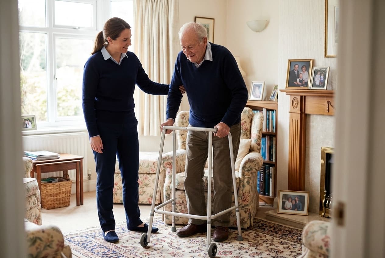 Carer supporting an older man using a walking frame in a home living room