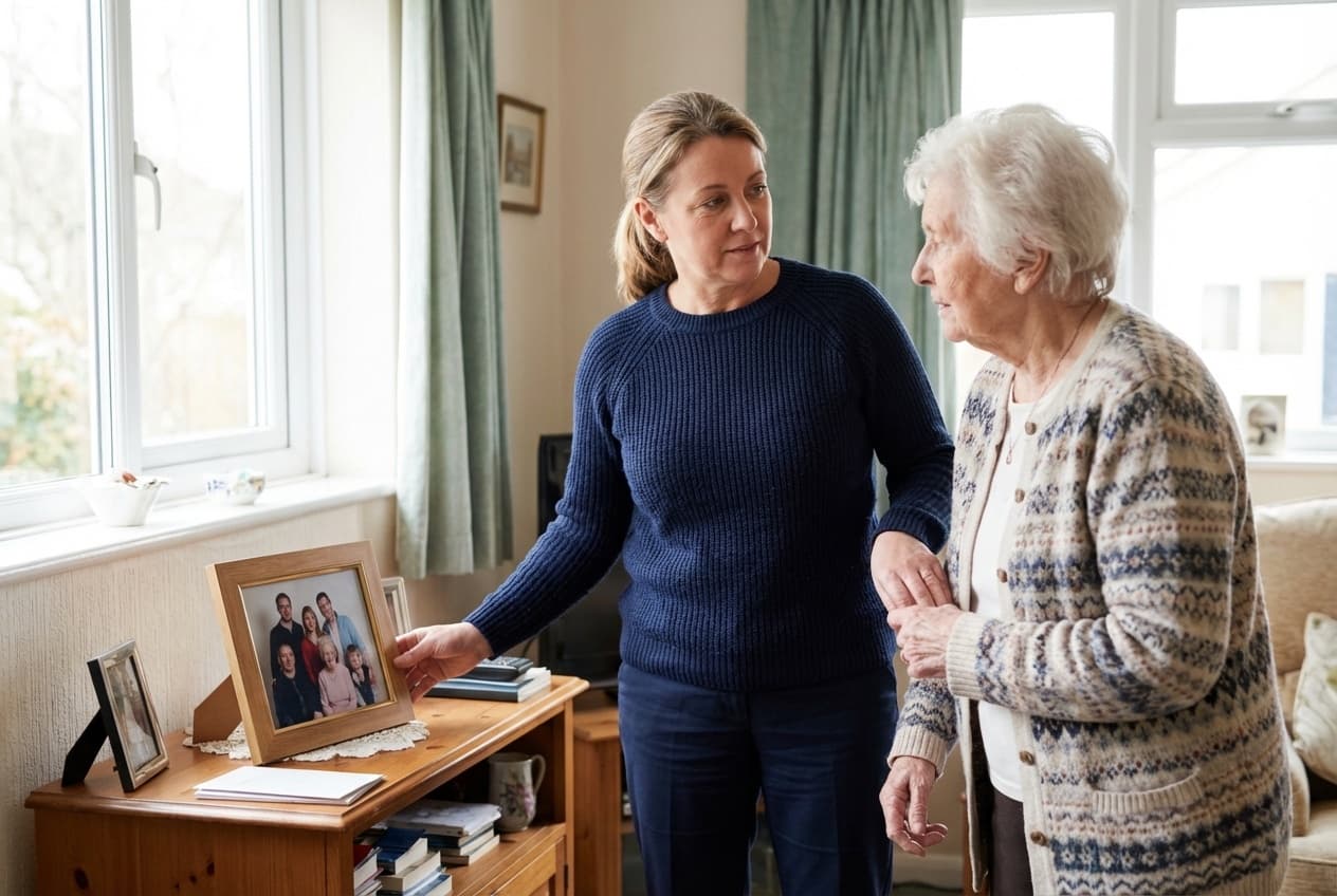 Carer gently guiding an older woman to look at a family photograph on a sideboard