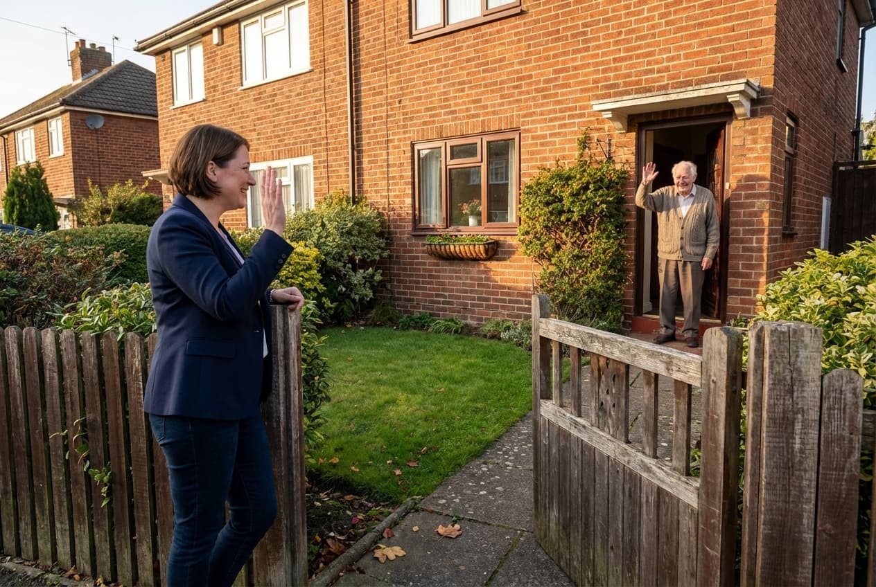 Carer waving goodbye at the garden gate as a client waves from his doorstep