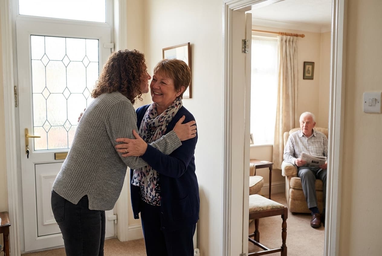 Adult daughter greeting a Horizons carer warmly at the front door