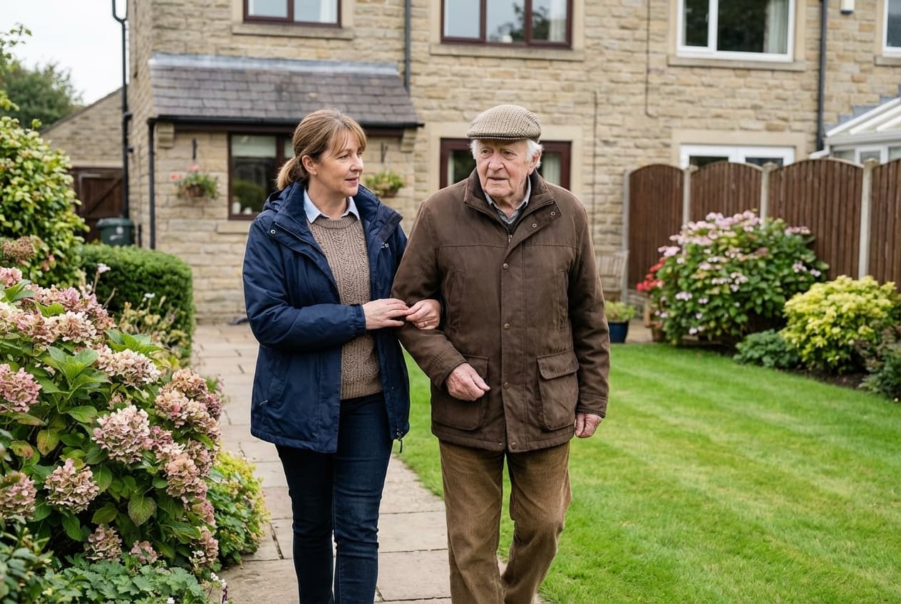 Carer and older man walking together arm-in-arm along a garden path