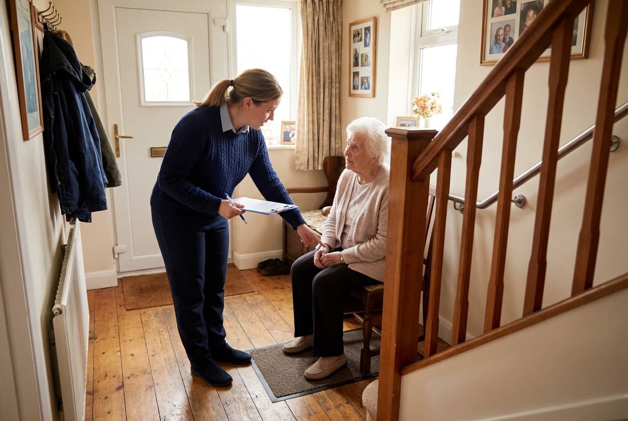 Care coordinator with clipboard conducting a home safety assessment near a staircase