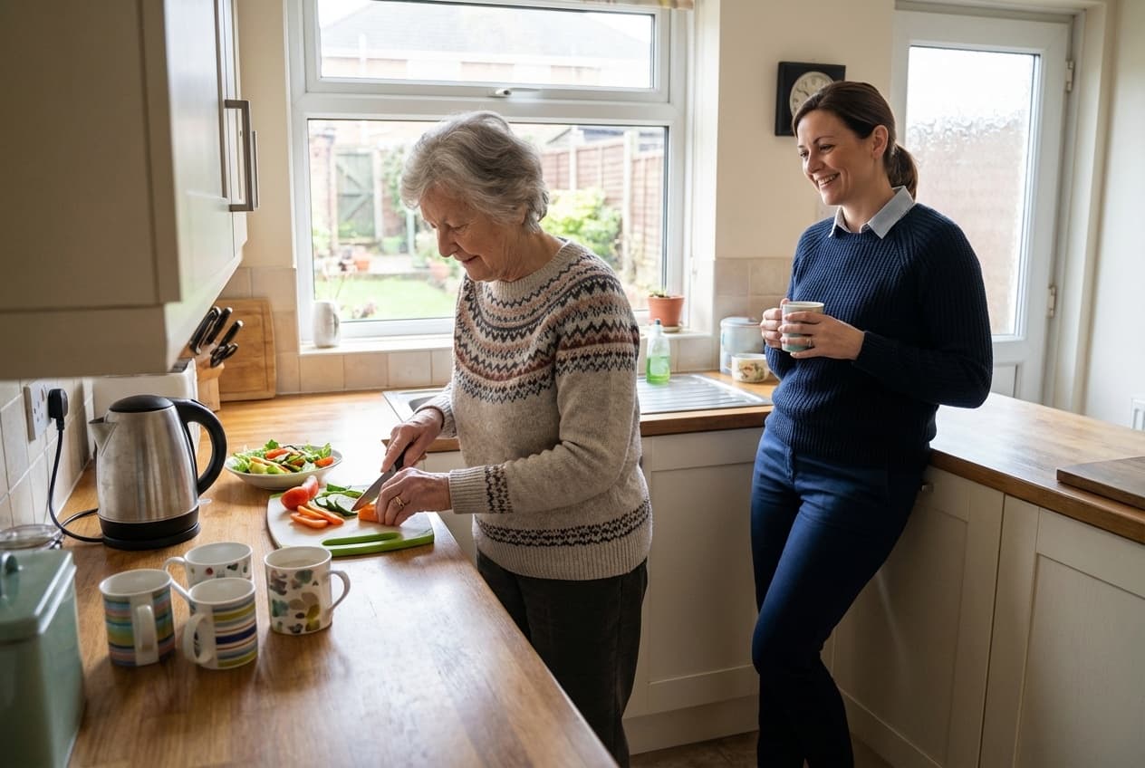 Older woman preparing vegetables at a kitchen counter while a carer stands nearby