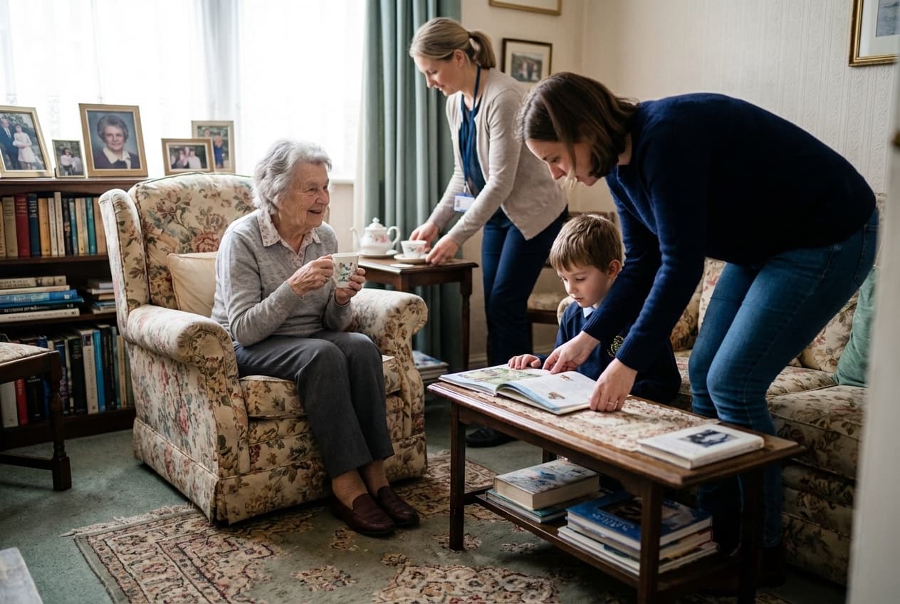 Elderly woman in armchair with carer serving tea, adult daughter and grandchild nearby