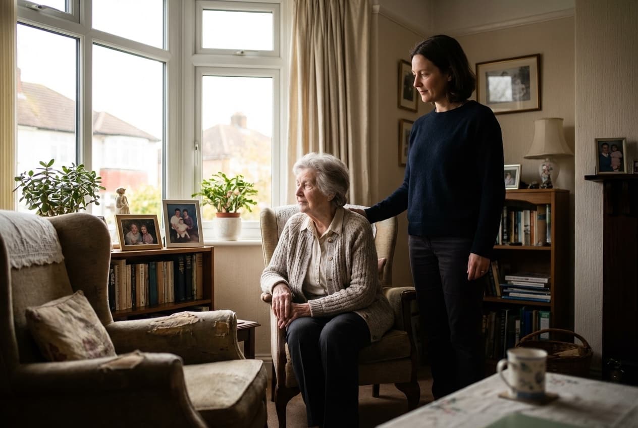 Carer standing with a gentle hand on the shoulder of an older woman gazing out the window